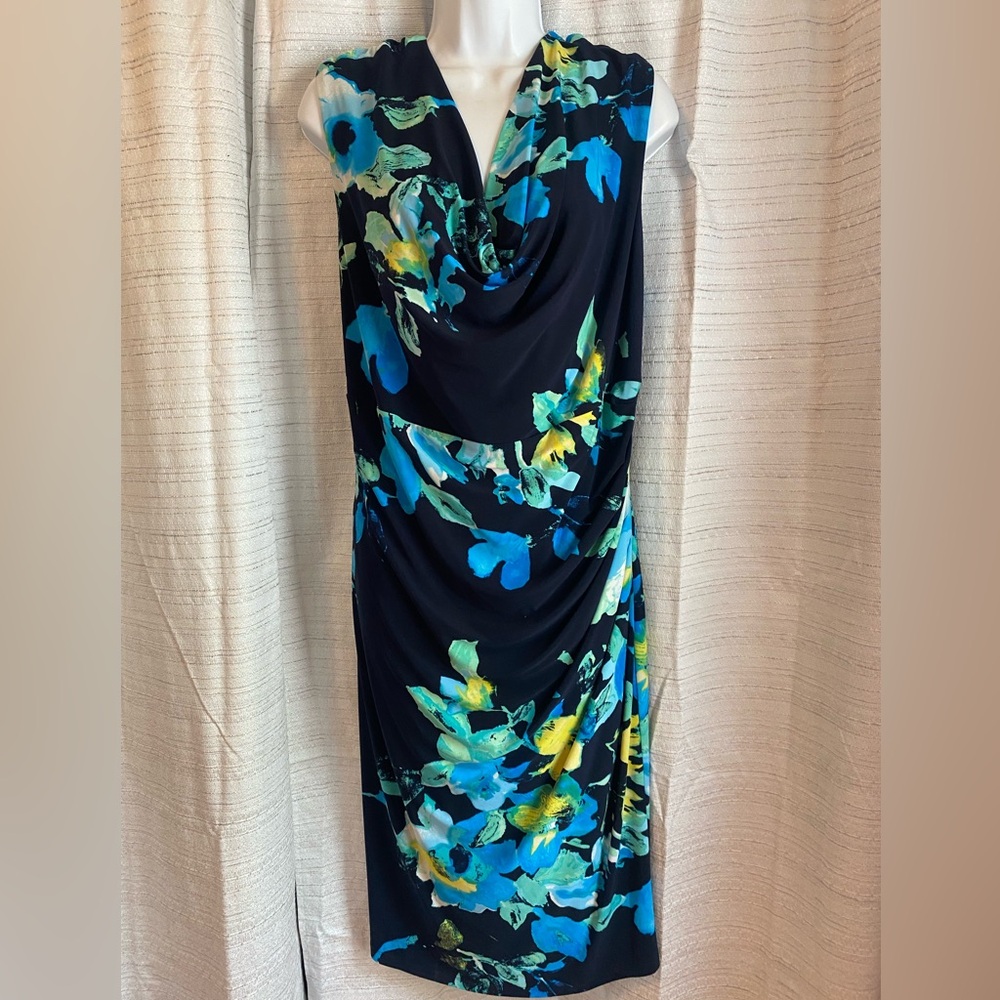 Lauren Ralph Lauren Black Floral Drape Front Neck Ruched Dress Flattering! EUC